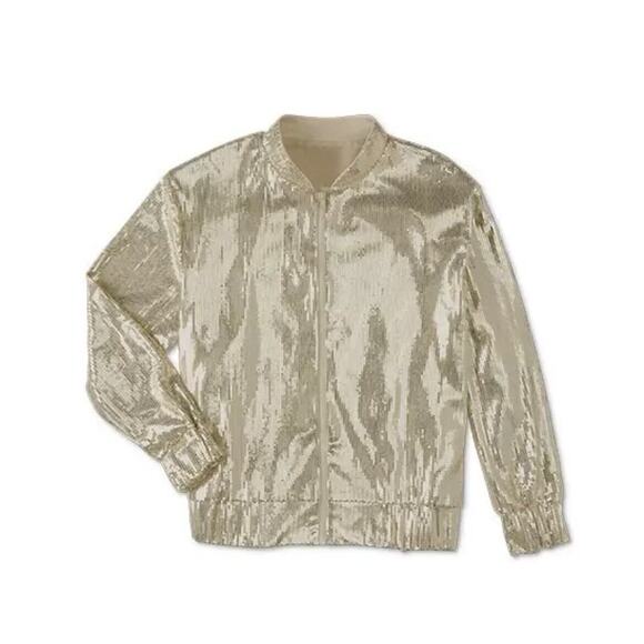 Sequin Gold Bomber Jacket Large  Shinny 90s Glam Serra Limited Edition NEW - Picture 1 of 4